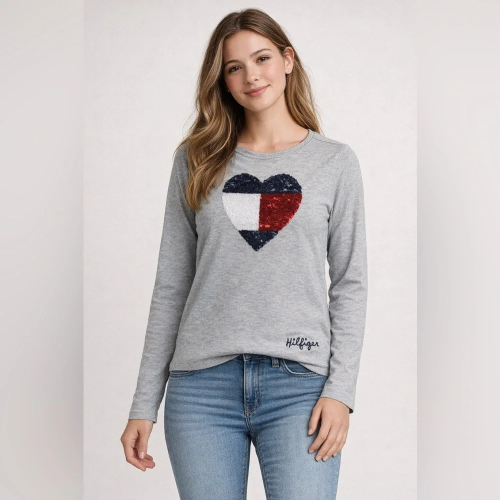 Tommy‎ Hilfiger Girls XL Gray Sequin Heart Long Sleeve Tee Cotton